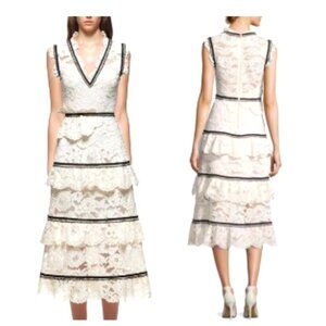 SELF-PORTRAIT Black and White Tiered Ruffled Lace Midi Dress US 4
